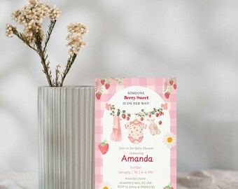 Strawberry Baby Shower Invitation, Pink Gingham, Berry Sweet (Digital Download)