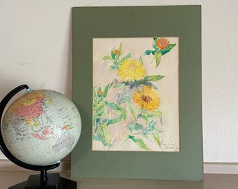 Vintage Original Watercolor Painting Marigolds Floral