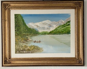 Vintage Pittura paesaggistica originale Lago di montagna incorniciato