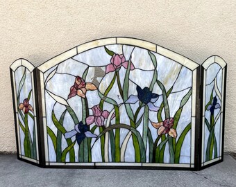Vintage Stained Glass Fireplace Screen Irises Flowers BROKEN