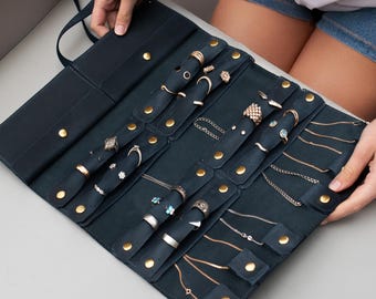 Personalized jewelry case, leather travel wrap, necklace and ring organizer, bridesmaid gift, custom leather pouch
