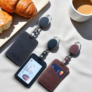 Leather Badge Holder with Retractable Reel, Custom ID Wallet for Office or School, Unique Gift for Teacher, Nurse or Employee