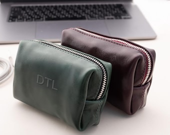 Personalized Leather Cord Organizer – Monogram Charger Pouch – Gift for Him, Groomsmen, Dad or Tech Lovers
