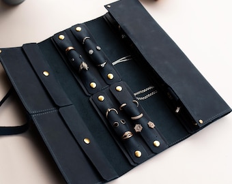 Travel jewelry holder, handmade leather wrap, ring and earring storage, leather organizer, custom gift for women