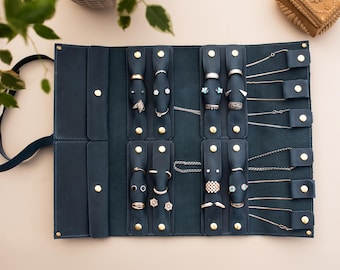 Leather Travel Jewelry Roll Organizer – Compact Case for Rings, Earrings & Necklaces – Jewelry Holder for Trips and Vacations