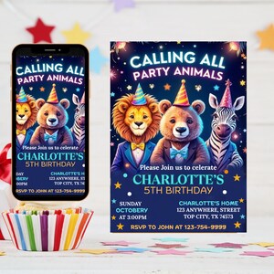 Party Animals Birthday Invitation Editable Template for Kids | Customizable Canva Invite for Fun Animal-Themed Party, Neon Any Age invite