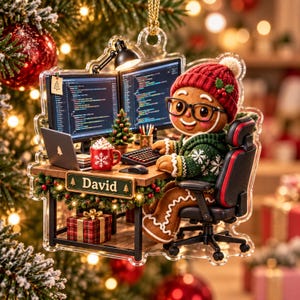 Personalized Gingerbread Programmer Christmas Ornament, Custom Software Engineer Name Keepsake with Coding Desk and Dual Monitor Decor