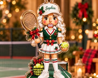 Personalized Female Tennis Nutcracker Ornament, Custom Name 2D Acrylic Christmas Keepsake, Tennis Player Gift for Girls and Women