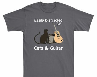 Easily Distracted By Cats and Guitar T-Shirt: Funny Musician Tee