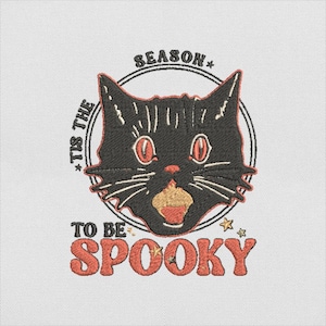 Spooky Black Cat Embroidery Design, Halloween Cat Head with Wide Eyes and Vintage Style Text, Machine File, Instant Download, PES DST File
