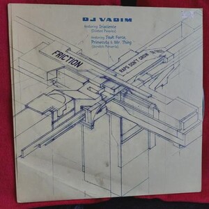 May include: Album cover for DJ Vadim's "Friction" featuring Iriscience, Task Force, Primecuts & Mr. Thing. The cover art is a blue blueprint-style design with the word "FRICTION" prominently displayed. The text "RAPS DON'T GROW ON TREES" is also visible.
