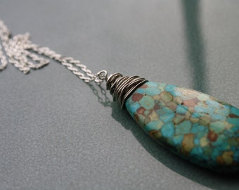 Tortoise Turquoise wrapped pendant with Silver filled Chain, Turquoise and Silver, Turtle Turquoise