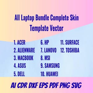 Puede incluir: Un gráfico digital con el texto All Laptop Bundle Complete Skin Template Vector en azul oscuro. Debajo, se muestra una lista de marcas que incluye Acer, Alienware, Macbook, Asus, Dell, HP, Lanovo, Msi, Samsung, Huawei, Surface y Toshiba.