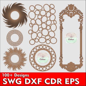 以下が含まれることがあります： 茶色のレーザーカットデザインのコレクション。スパイラル、ギリシャキーパターン、サンバースト、装飾フレームなど。画像には、接続された楕円のパターンとロゴ付きの円形デザインも含まれています。下部のテキストは「100+ Designs SWG DXF CDR EPS」と表示されています。