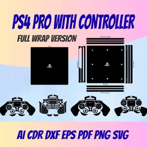 Könnte beinhalten: Eine digitale Vorlage für einen PS4 Pro Konsolen- und Controller-Skin mit schwarzen Umrissen und Formen für eine Vollverkleidung. Der Text lautet PS4 PRO WITH CONTROLLER FULL WRAP VERSION und AI CDR DXF EPS PDF PNG SVG auf einem pastellfarbenen Hintergrund.