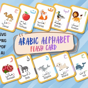 Może przedstawiać: Zestaw kart edukacyjnych z alfabetem arabskim z kolorowymi ilustracjami wielbłąda, jabłka, lisa, kaczki, lwa, granatu, wilka, delfina, jagnięcia i wieloryba. Karty zawierają arabskie słowa i angielskie transliteracje.