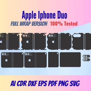 Może przedstawiać: Cyfrowy plik szablonu zatytułowany Apple Iphone Duo FULL WRAP VERSION 100% Tested, przedstawiający czarne kontury wektorowe skórek na smartfony z wycięciami na aparat i logo Apple, dostępny w formatach AI, CDR, DXF, EPS, PDF, PNG i SVG.