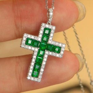 18K Zambian Emerald & Diamond Cross Pendant - May Birthstone Pendant - Emerald Cross Pendant For Women - Religious Pendant - Christmas Gift