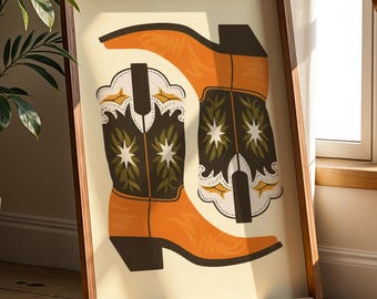 Orange Cowboy Boots Art Print – Western Folk Art (Instant Download)