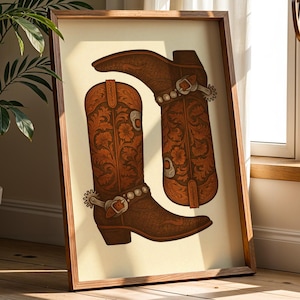 Leather Cowboy Boots Poster – Western Rustic Wall Art with Spur Detail | Vintage Country Printable Decor | Instant Digital Download