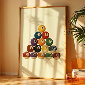 Op de afbeelding: Een ingelijste print met genummerde biljartballen van 1 tot en met 15, gerangschikt in een driehoek. De bovenste bal is geel. De print bevindt zich in een lichte kamer met een modern design.