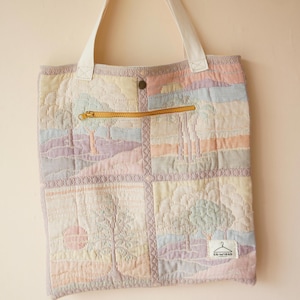 Handmade Upcycled Quilted Totebag - Reclaimed Tree Embroidery Shoulder Bag / One of a Kind Pastel Eco Friendly Shopping Tote