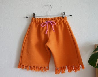 Handmade upcycled baby trousers, Reworked cotton wide fit trousers for baby, orange trousers with fringe details