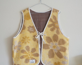 L - Upcycled Yellow Floral Blanket Vest - Reversible Sleeveless Waistcoat
