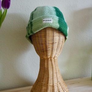 L - Handmade Upcycled Wool Beanie - Colourful repurposed winter Hat - Vintage Wool Blanket Hat in Unisex fit - Green