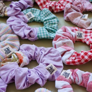 Upcycled Scrunchies in various colours and patterns, Zero Waste scrunchies, Colourful Reworked vintage cotton hair ties