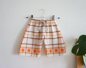 Handmade upcycled baby trousers, Reworked cotton wide fit trousers for baby, orange trousers with embroidered details