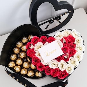 Luxury Heart Gift Box with Soap Roses & Ferrero Rocher | Birthday, Anniversary or Romantic Gift for Her | Flower chocolate bouquets box