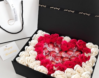 Luxury Heart Gift Box with Soap Roses & Ferrero Rocher | Birthday, Anniversary or Romantic Gift for Her | Flower chocolate bouquets box