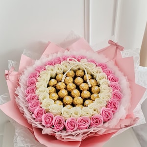 Luxury Bouquet with Soap Roses & Ferrero Rocher | Birthday, Anniversary or Romantic Gift for Her | Flower chocolate bouquets box