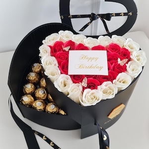 Luxury Heart Gift Box with Soap Roses & Ferrero Rocher | Birthday, Anniversary or Romantic Gift for Her | Flower chocolate bouquets box