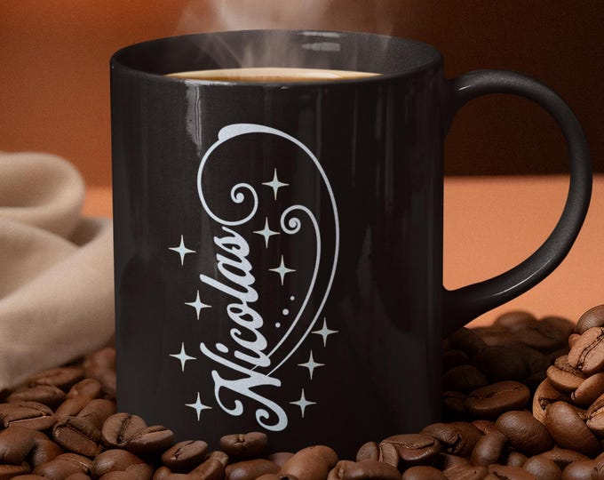 Featured listing image: Personalized Black Coffee Mug | Custom Name Mug, Starry Design, Perfect Gift for Coffee Lovers, Birthdays and Holidays, Unique Drinkware