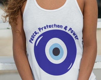 Evil Eye Racers Tank Top, Peace Protection Power Shirt, Mindfulness Exercise Wear, Bohemian Fitness Top, Gift for Her, Evil Eye T-Shirt