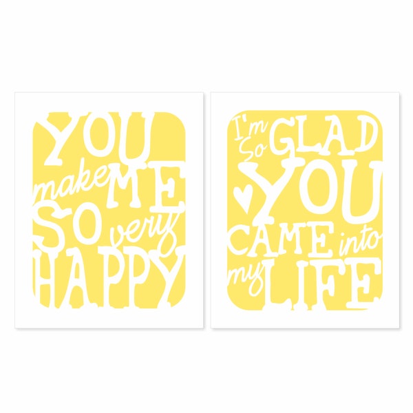 Printable Wall Art Set of 2 - Typography Posters - So Very Happy v1 & So Glad v1 - sunshine yellow love song lyrics digital download