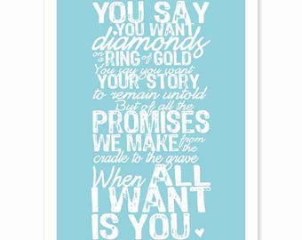 Printable Typography Art Download - All I Want ls You v16 - U2 love song lyrics art - light aqua and white modern style instant download