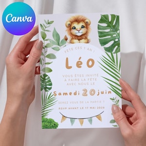 Children's birthday invitation, lion theme, customizable Canva template