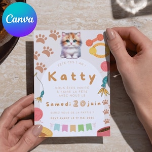 Children's birthday invitation, cat theme, customizable Canva template