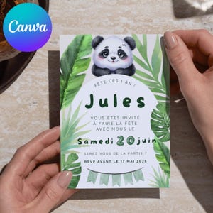 Invitation anniversaire enfant, thème panda, template Canva personnalisable