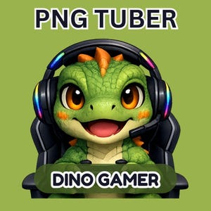 Puede incluir: Un dinosaurio de dibujos animados con auriculares y sentado en una silla de juego. El dinosaurio es verde con detalles en naranja y ojos grandes y expresivos. El texto en la parte superior dice "PNG TUBER" y en la inferior "DINO GAMER". El fondo es verde liso.