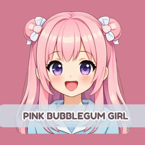 May include: Anime-style illustration of a girl with pink hair styled in two buns, adorned with white bows. She has large purple eyes and a cheerful expression. The text "PINK BUBBLEGUM GIRL" is displayed on a white banner at the bottom.