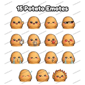 Könnte beinhalten: Eine Sammlung von 15 Cartoon-Kartoffel-Emotes mit verschiedenen Ausdrücken, darunter lächelnd, weinend und mit Sonnenbrille. Der Text "15 Potato Emotes" steht oben. Die Kartoffeln sind hellbraun und haben niedliche Gesichter.