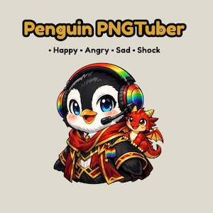 May include: A cartoon penguin wearing rainbow-colored headphones and a red and black robe with a small rainbow pin. A small red dragon sits on the penguin's shoulder. Text above reads: Penguin PNGTuber • Happy • Angry • Sad • Shock.
