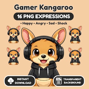 Kangaroo PNGTuber VTuber Pack | 16 Chibi Streamer Emotions (Digital Download)