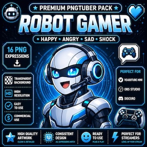 May include: A digital asset pack titled Premium PNGTuber Pack Robot Gamer featuring a white and blue robot character with headphones, 16 expressions, transparent background, high resolution, and compatibility with Veadotube Mini, OBS Studio, and Discord.