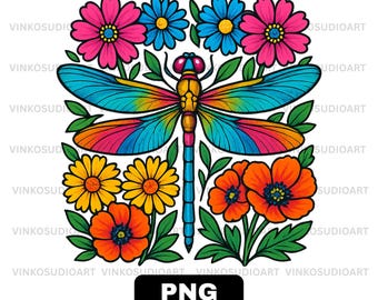 Boho Libelle Floral PNG, bunte Garten Blume Clipart (digitaler Download)