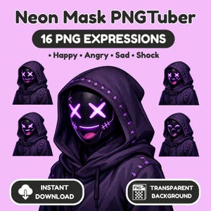Neon Mask PNGTuber-avatar – 16 expressies (digitale download)